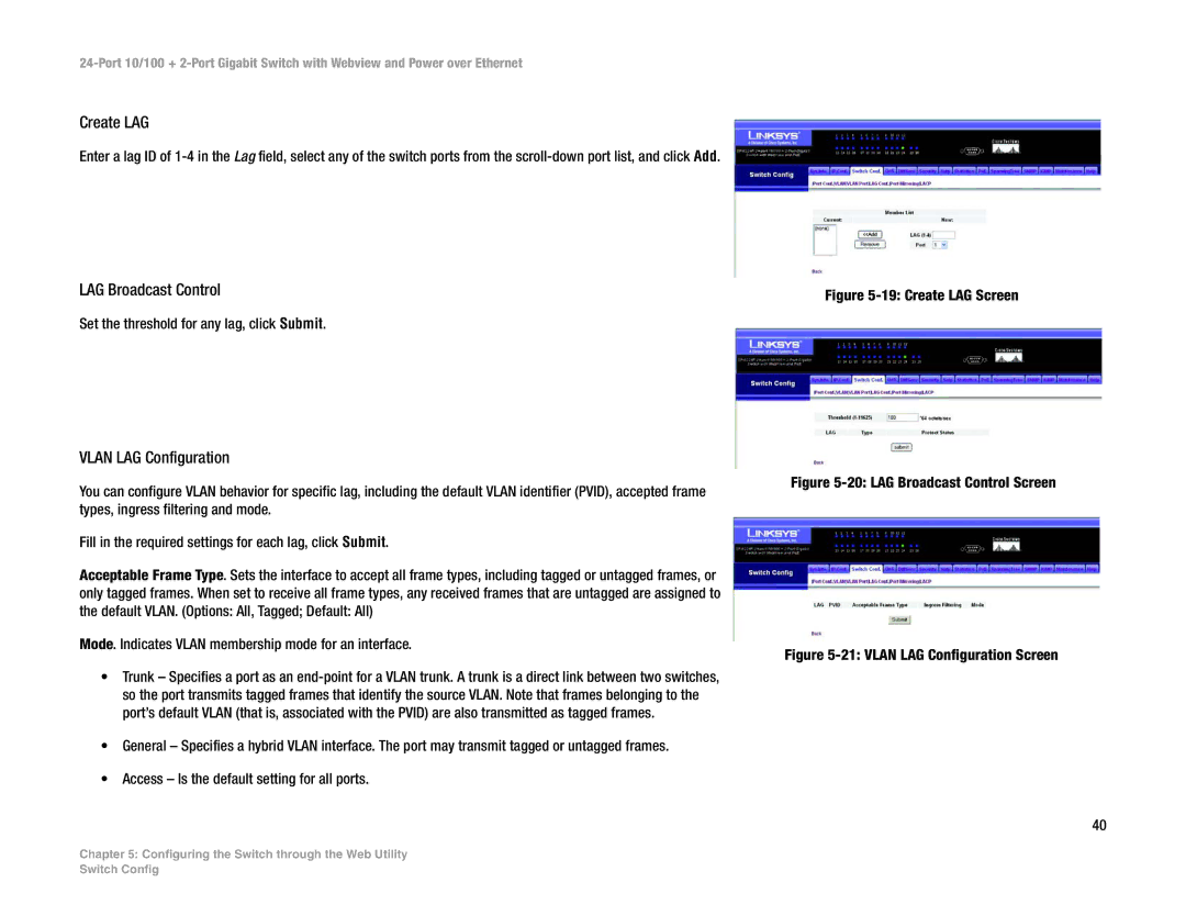 Linksys SRW224P manual Create LAG, LAG Broadcast Control, Vlan LAG Configuration 