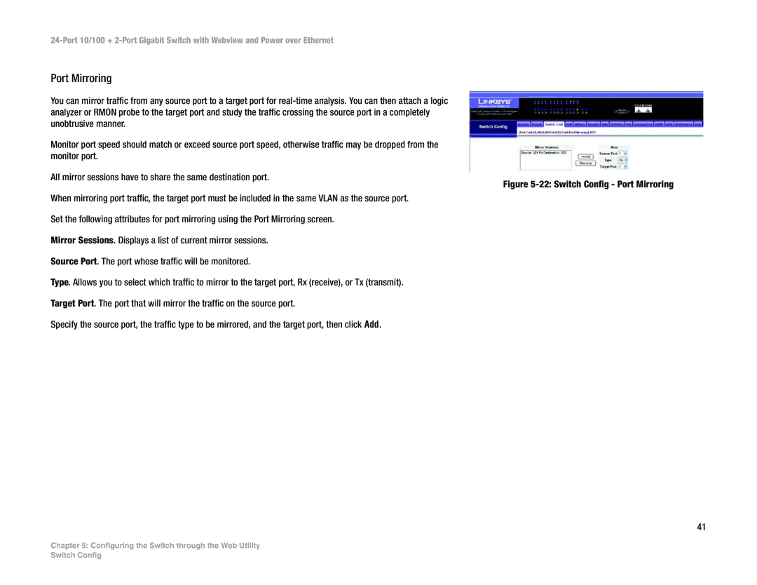 Linksys SRW224P manual Switch Config Port Mirroring 
