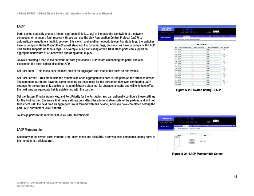 Linksys SRW224P manual Lacp Membership 