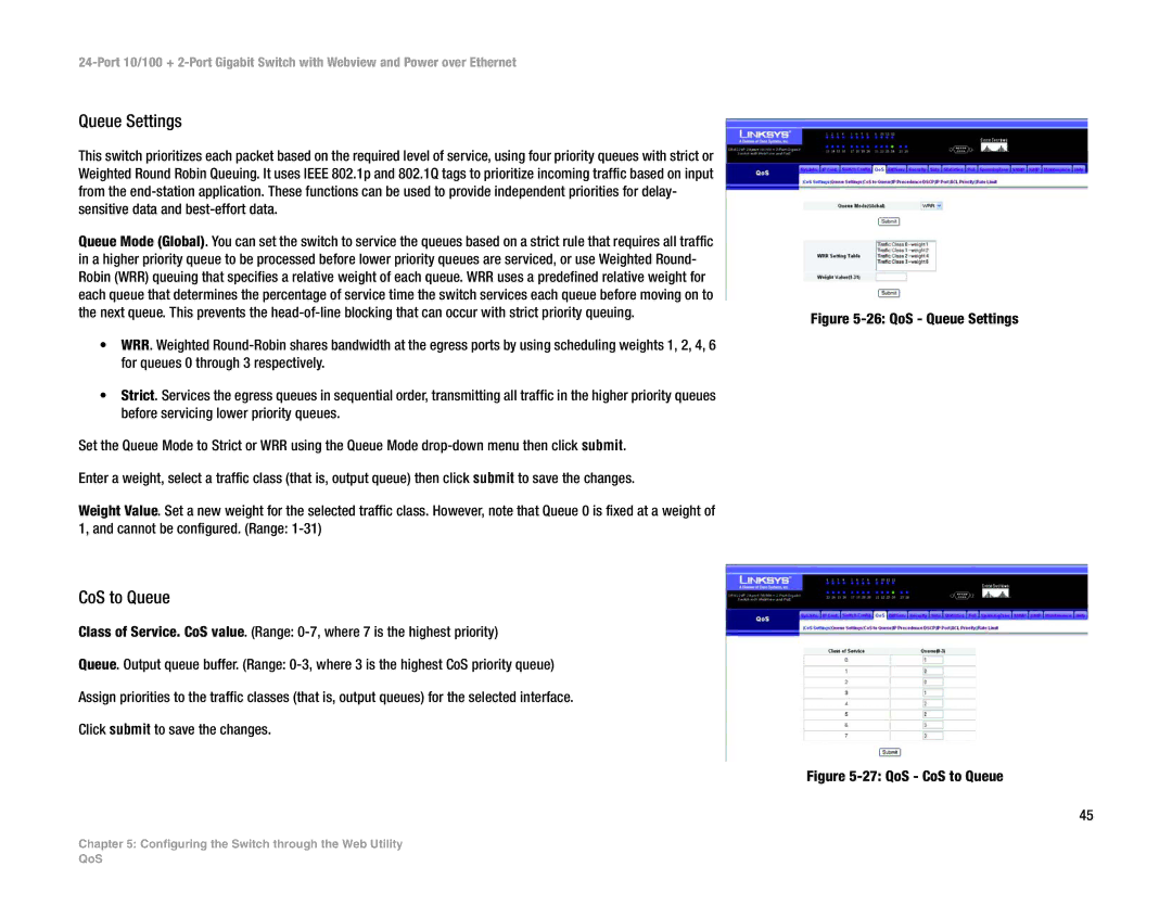 Linksys SRW224P manual Queue Settings, CoS to Queue 