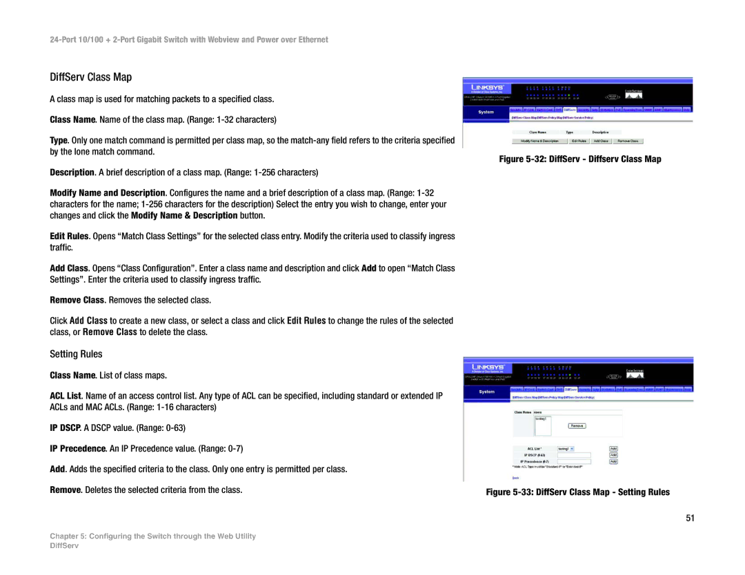 Linksys SRW224P manual DiffServ Class Map, Setting Rules 