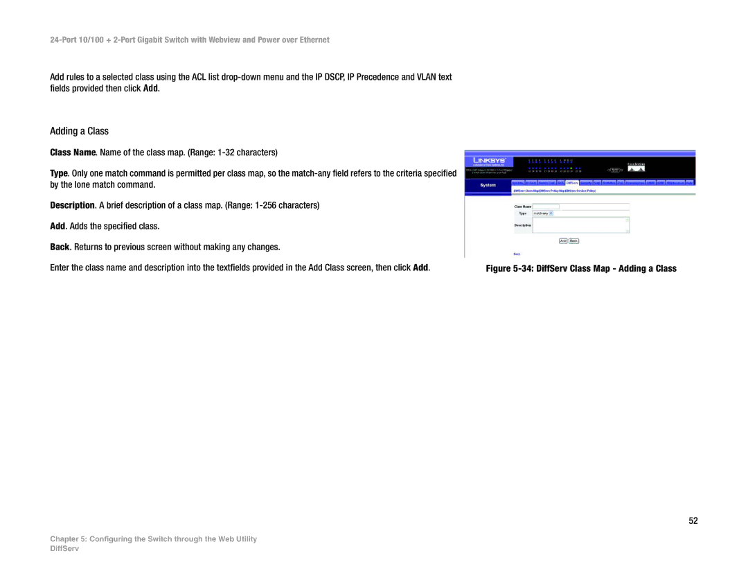 Linksys SRW224P manual DiffServ Class Map Adding a Class 