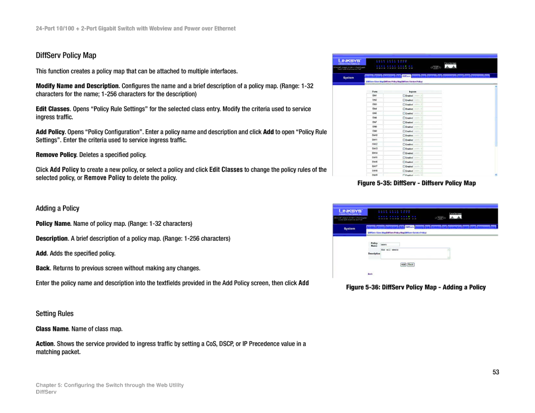 Linksys SRW224P manual DiffServ Policy Map, Adding a Policy 