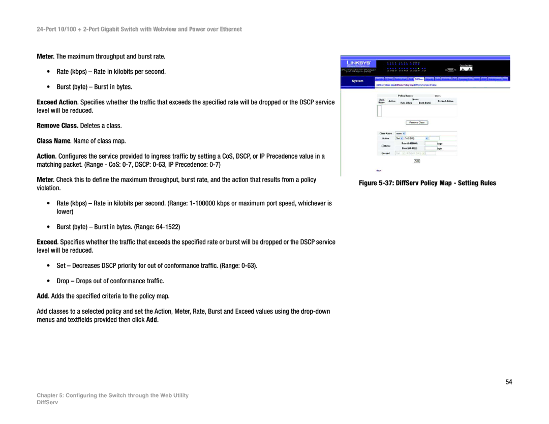 Linksys SRW224P manual DiffServ Policy Map Setting Rules 