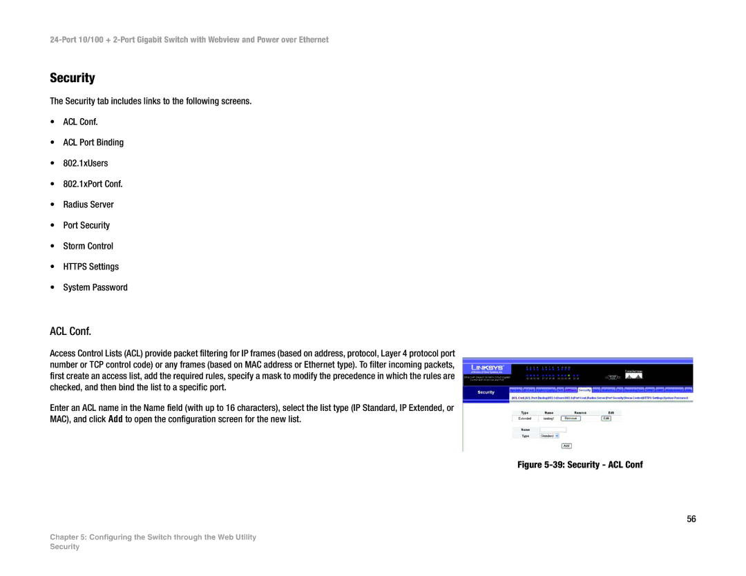 Linksys SRW224P manual Security, ACL Conf 