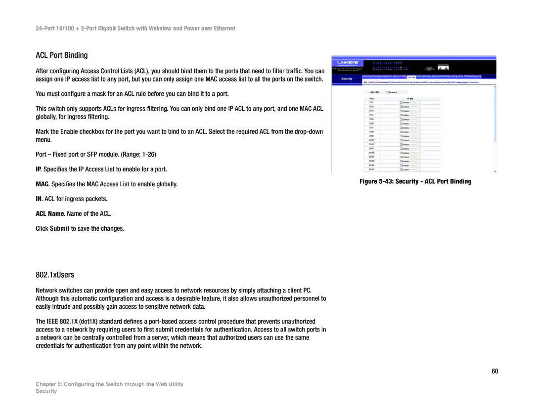 Linksys SRW224P manual ACL Port Binding, 802.1xUsers 