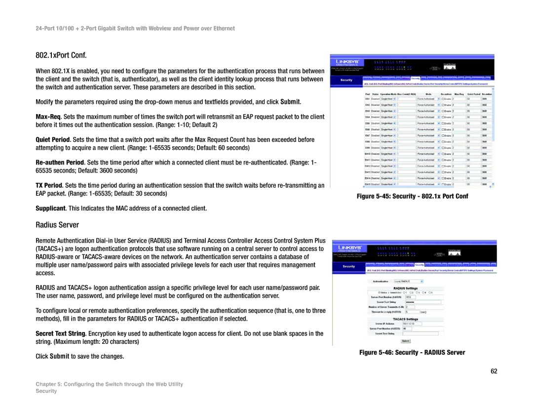 Linksys SRW224P manual 802.1xPort Conf, Radius Server 