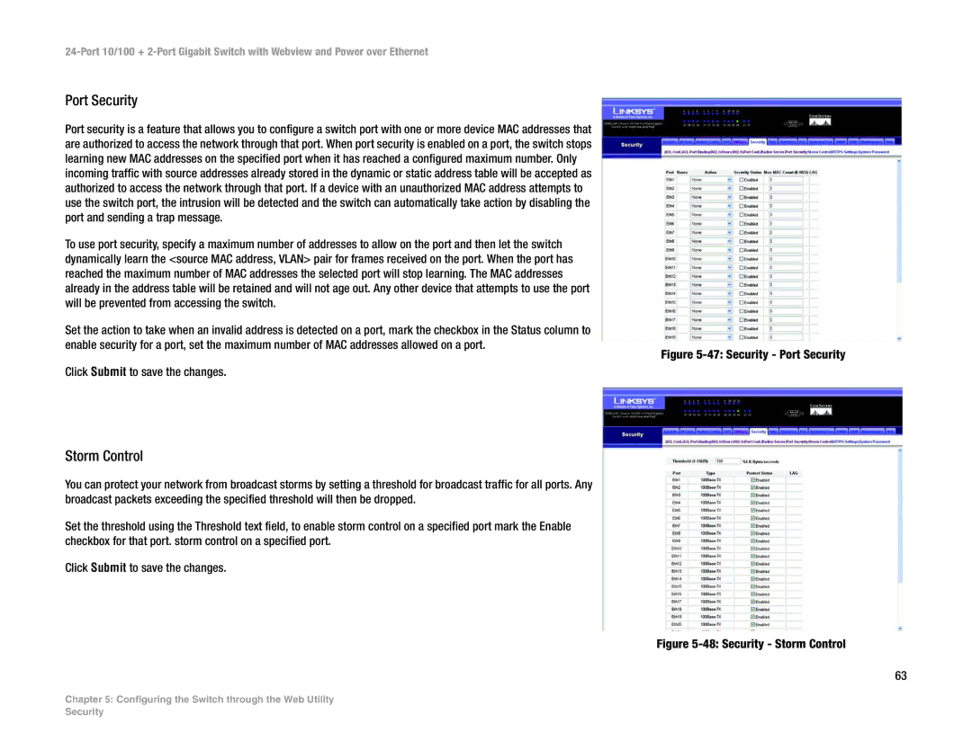 Linksys SRW224P manual Port Security, Storm Control 