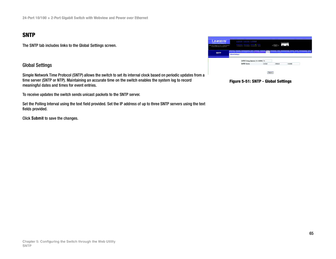 Linksys SRW224P manual Sntp, Global Settings 