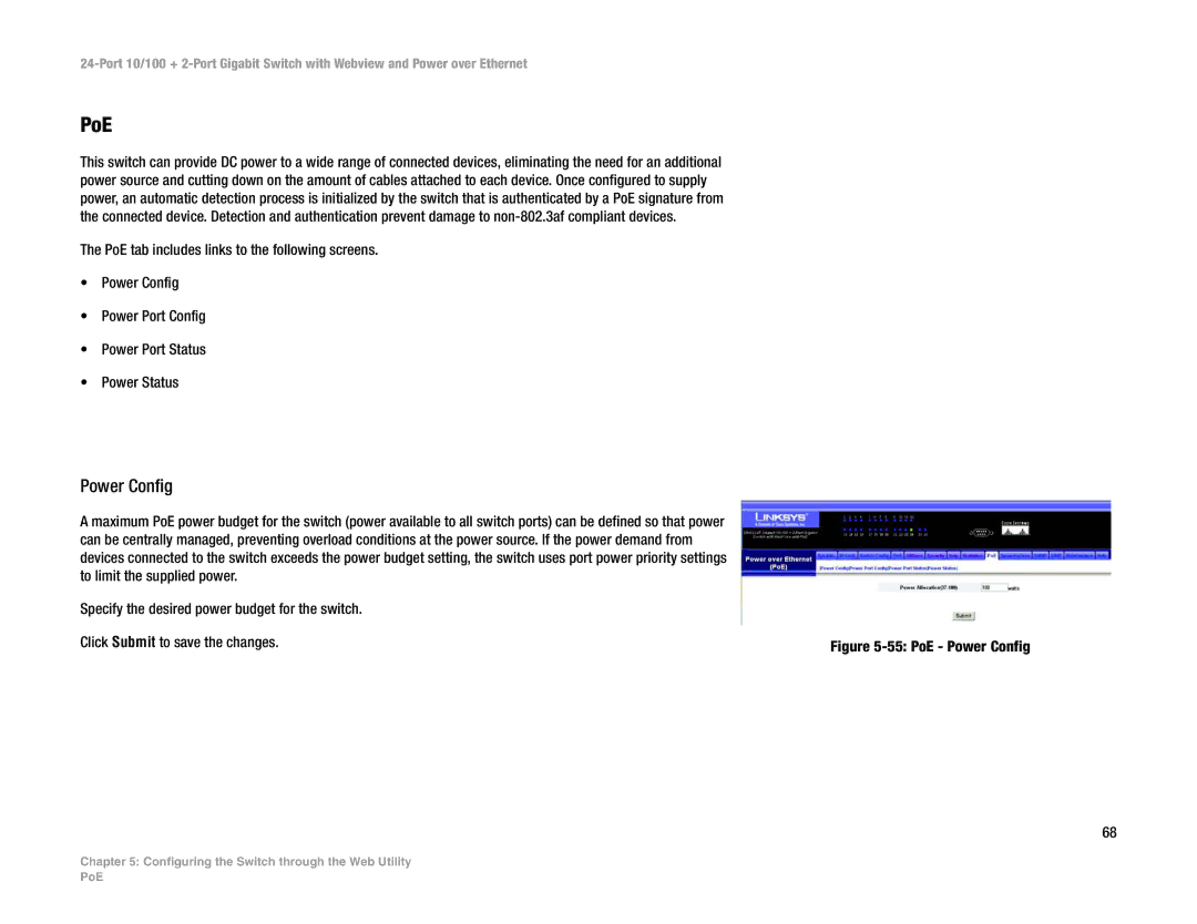 Linksys SRW224P manual PoE, Power Config 