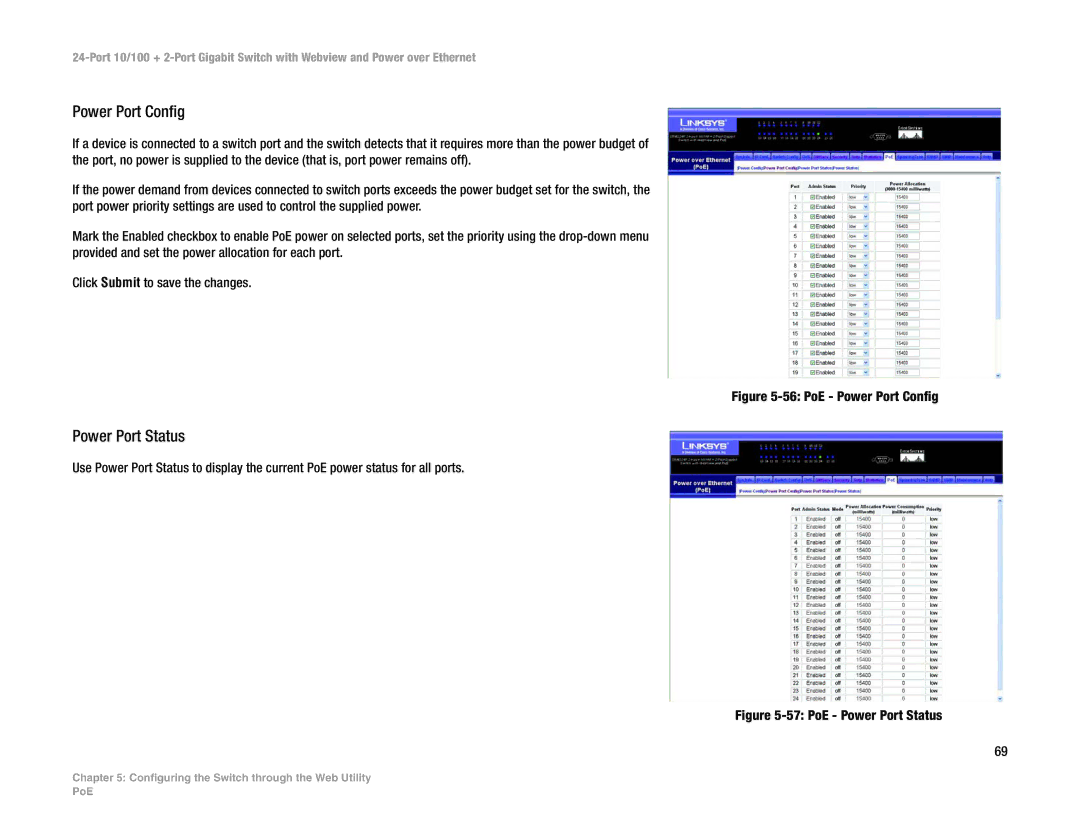 Linksys SRW224P manual Power Port Config, Power Port Status 