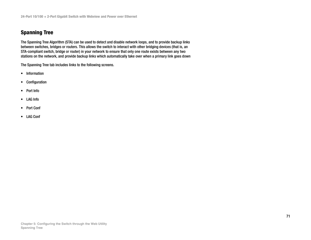 Linksys SRW224P manual Spanning Tree 