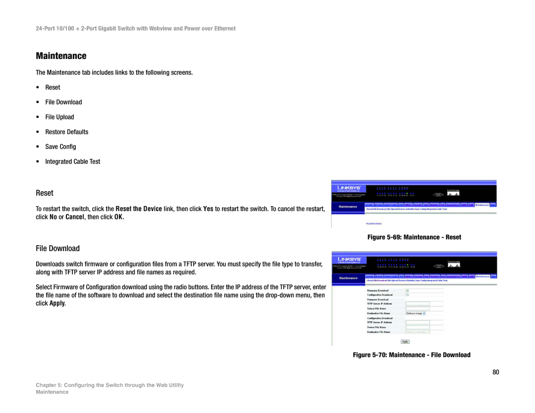 Linksys SRW224P manual Maintenance, Reset, File Download 