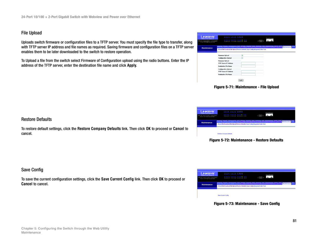 Linksys SRW224P manual File Upload, Restore Defaults, Save Config 