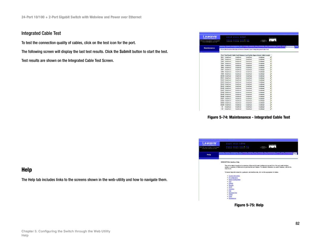 Linksys SRW224P manual Help, Integrated Cable Test 