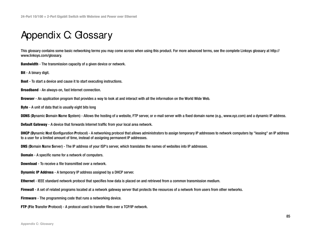 Linksys SRW224P manual Appendix C Glossary 