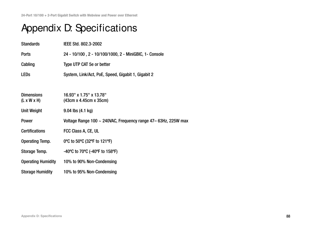 Linksys SRW224P manual Appendix D Specifications, Standards Ieee Std Ports, Cabling Type UTP CAT 5e or better LEDs 