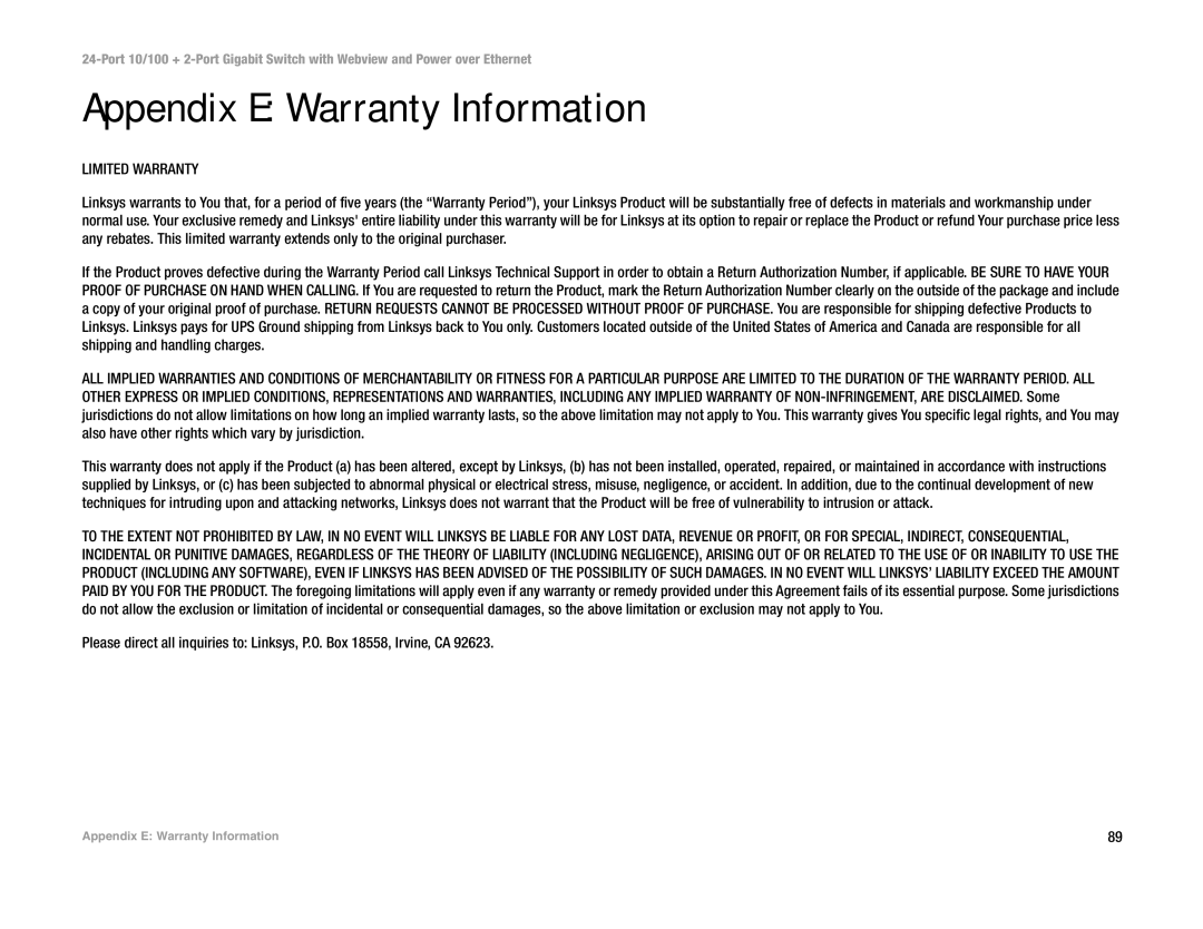 Linksys SRW224P manual Appendix E Warranty Information, Limited Warranty 