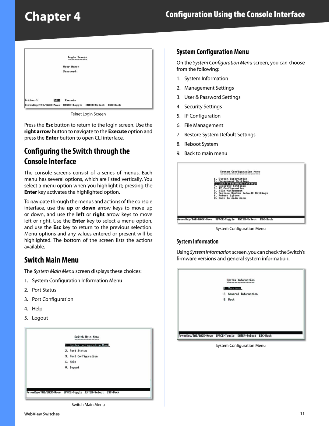 Linksys SRW224G4, SRW248G4, SRW2048, SRW2024, SRW2016 manual Switch Main Menu, System Configuration Menu 