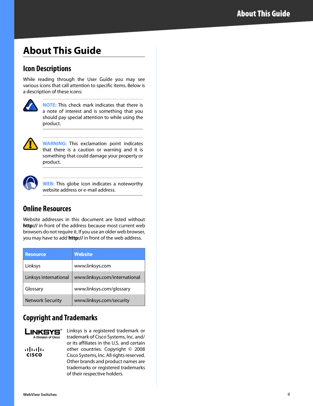 Linksys SRW2024, SRW248G4, SRW2048, SRW224G4 About This Guide, Icon Descriptions, Online Resources, Copyright and Trademarks 