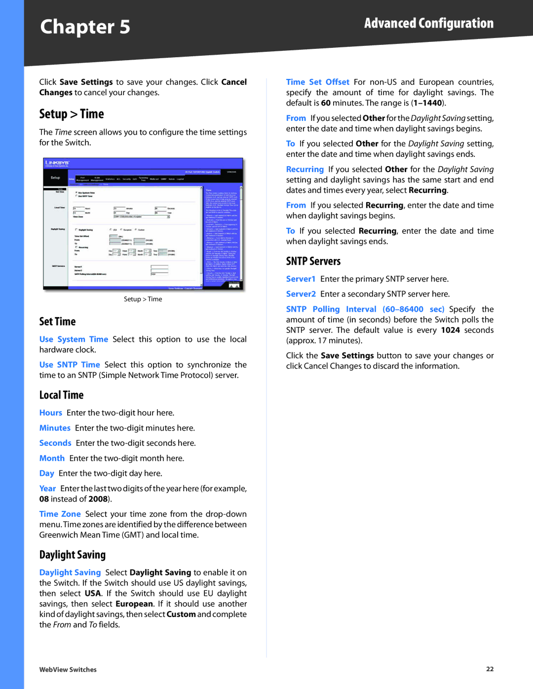 Linksys SRW2016, SRW248G4, SRW2048, SRW2024, SRW224G4 manual Setup Time, Set Time, Local Time, Daylight Saving, Sntp Servers 
