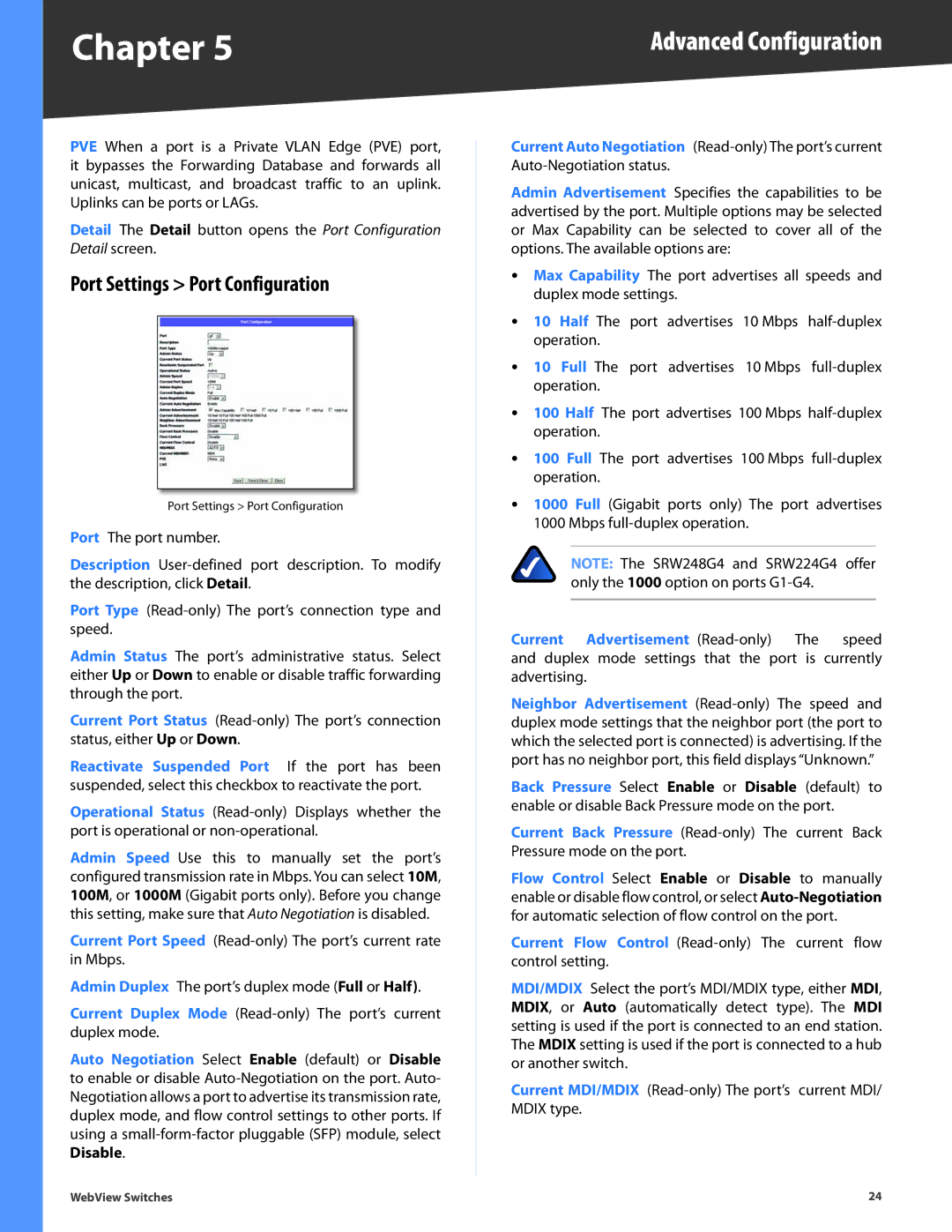 Linksys SRW2048, SRW248G4, SRW2024, SRW224G4, SRW2016 manual Port Settings Port Configuration 