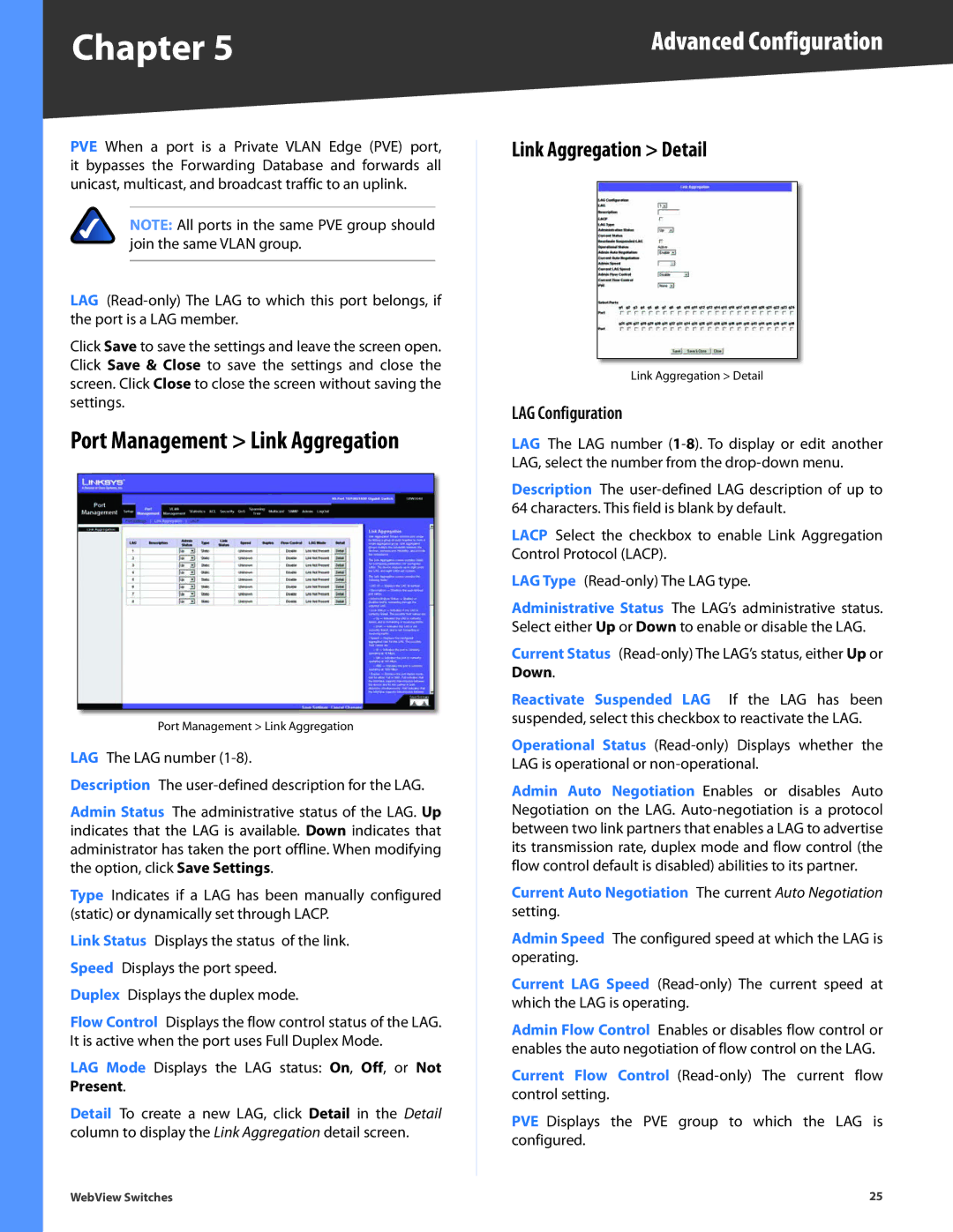 Linksys SRW2024, SRW248G4, SRW2048, SRW224G4, SRW2016 manual Port Management Link Aggregation, Link Aggregation Detail 