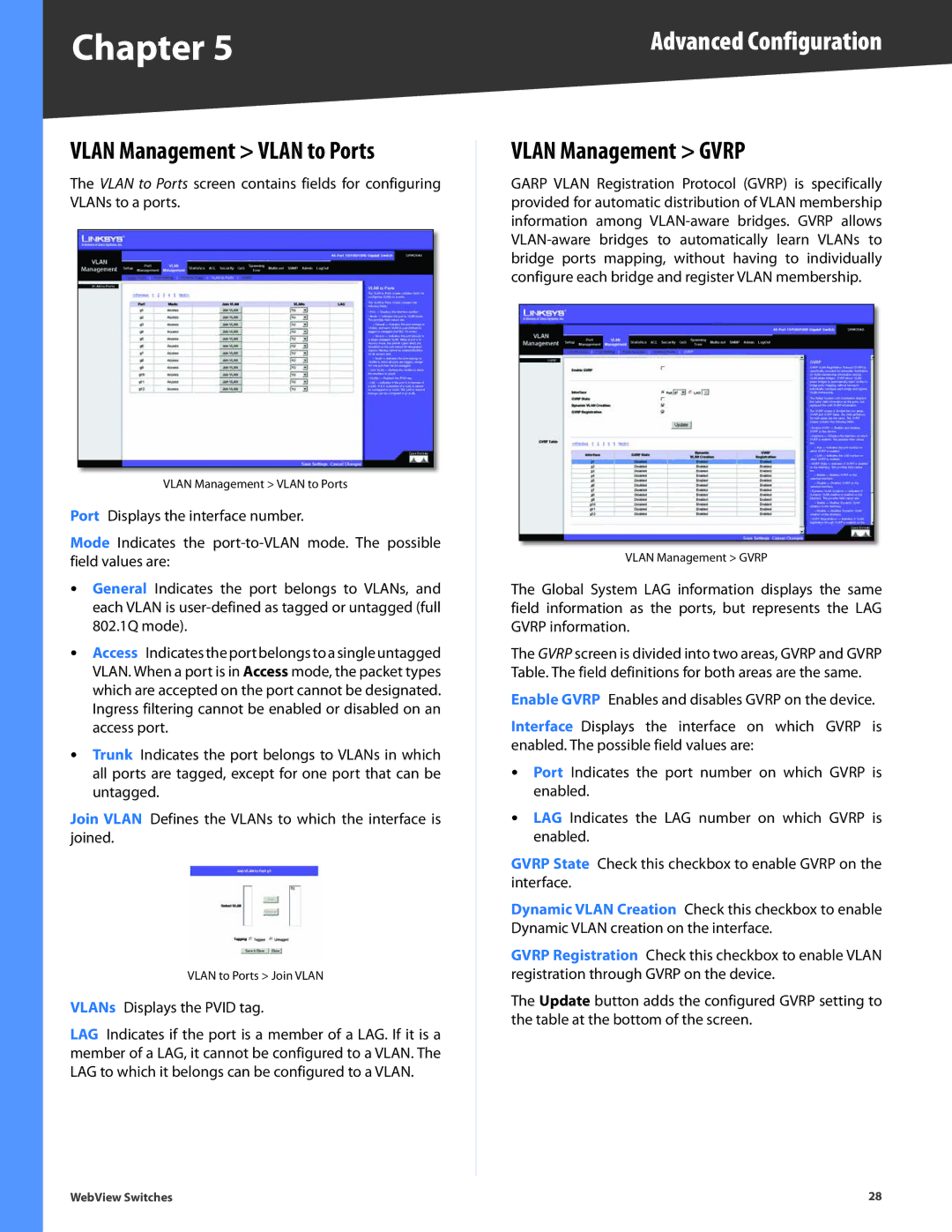 Linksys SRW248G4, SRW2048, SRW2024, SRW224G4, SRW2016 manual Vlan Management Vlan to Ports, Vlan Management Gvrp 