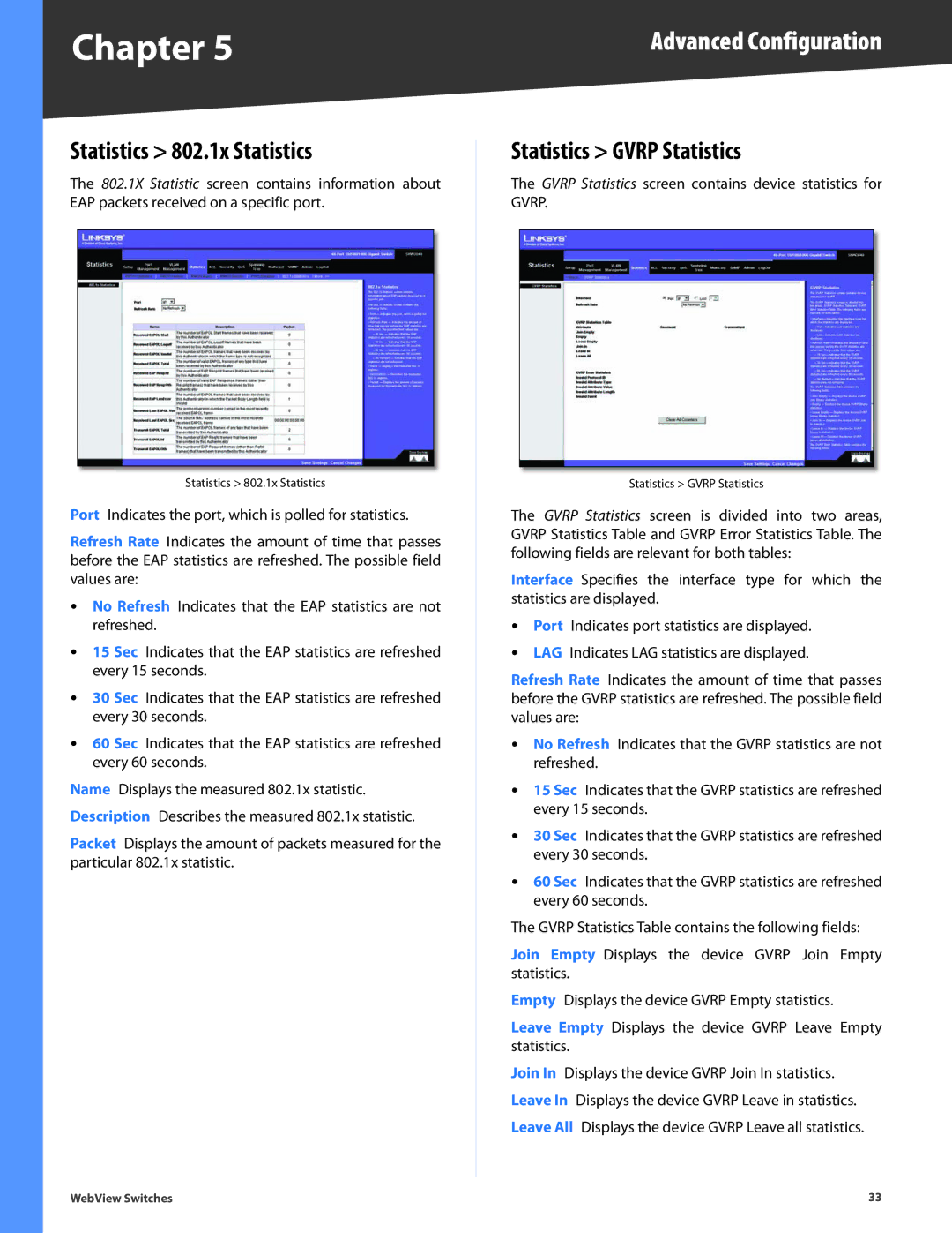 Linksys SRW248G4, SRW2048, SRW2024, SRW224G4, SRW2016 manual Statistics 802.1x Statistics, Statistics Gvrp Statistics 