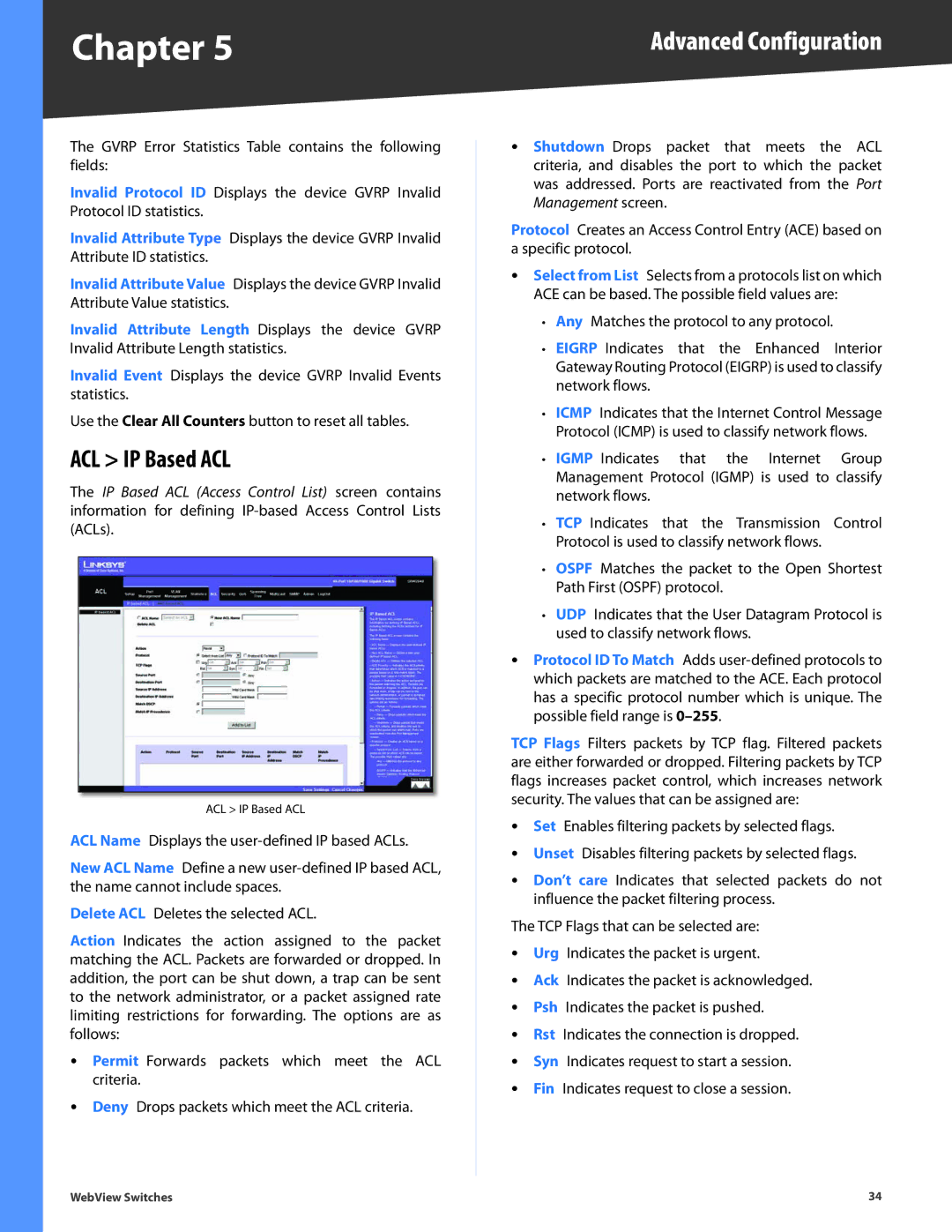 Linksys SRW2048, SRW248G4, SRW2024, SRW224G4, SRW2016 manual ACL IP Based ACL 