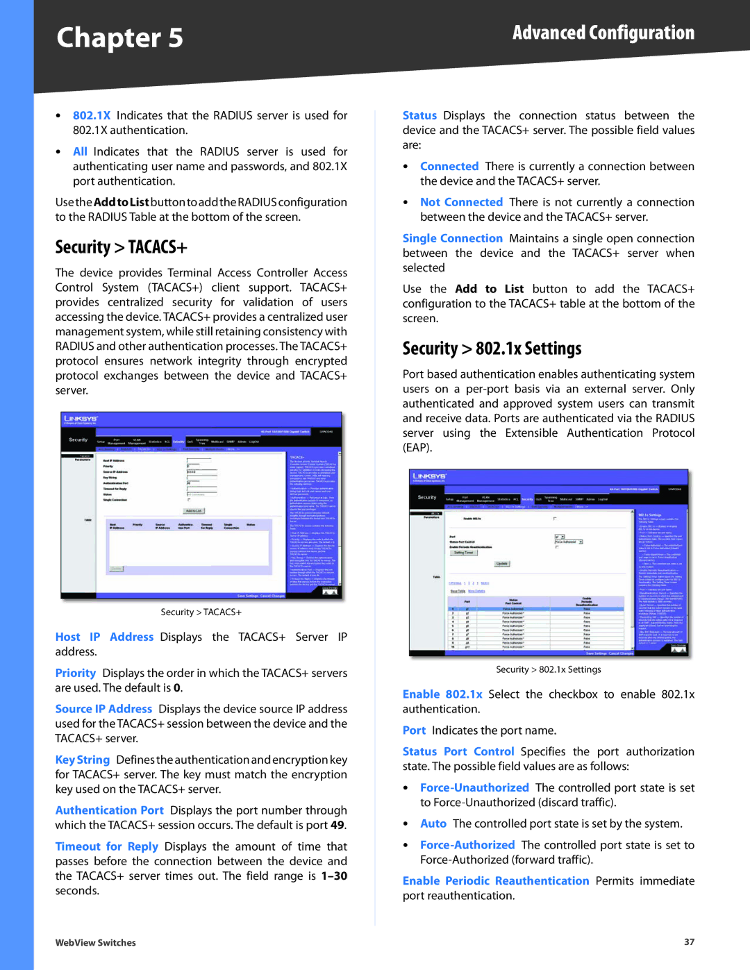 Linksys SRW2016, SRW248G4, SRW2048, SRW2024, SRW224G4 manual Security TACACS+, Security 802.1x Settings 