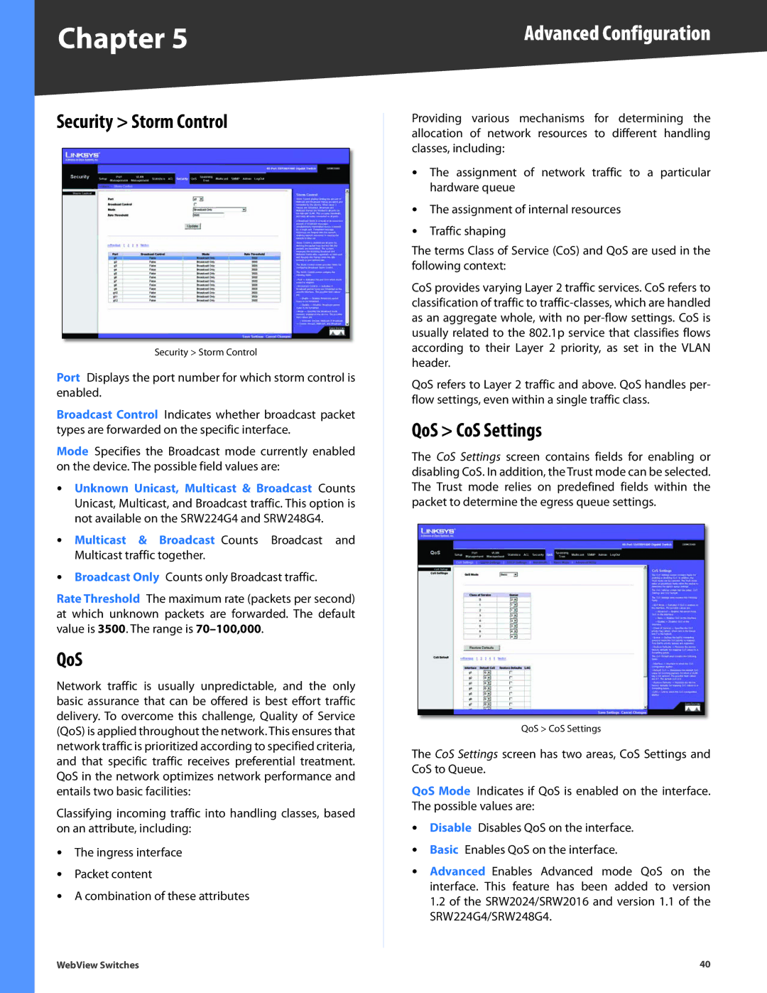 Linksys SRW2024, SRW248G4, SRW2048, SRW224G4, SRW2016 manual Security Storm Control, QoS CoS Settings 