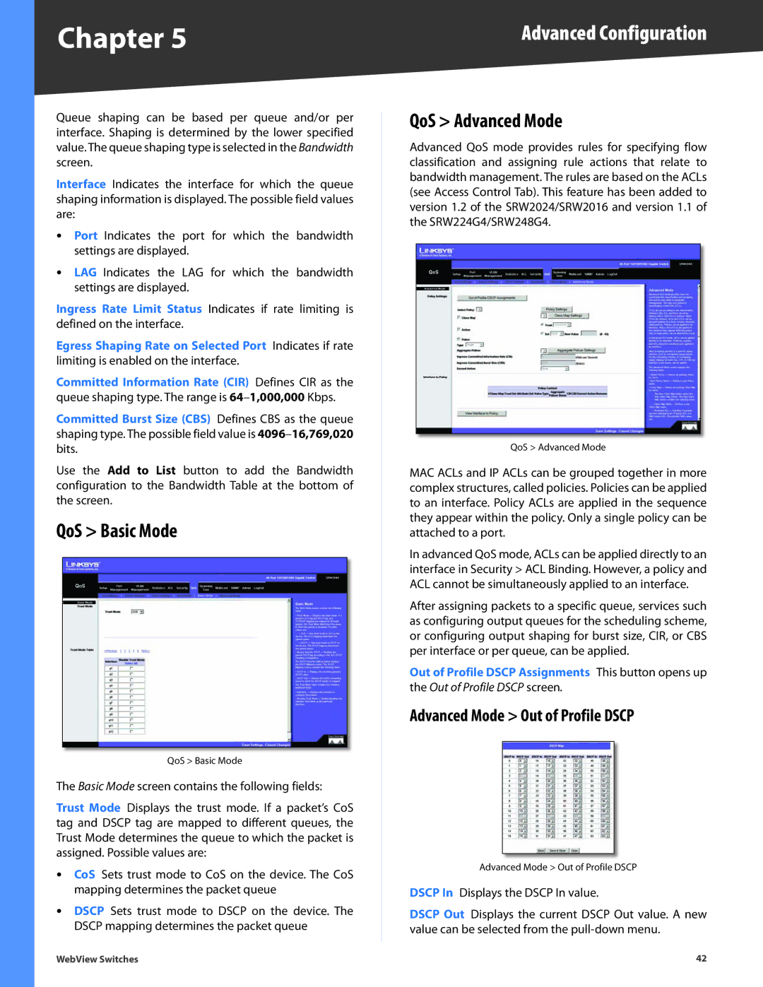 Linksys SRW2016, SRW248G4, SRW2048, SRW2024, SRW224G4 QoS Basic Mode, QoS Advanced Mode, Advanced Mode Out of Profile Dscp 