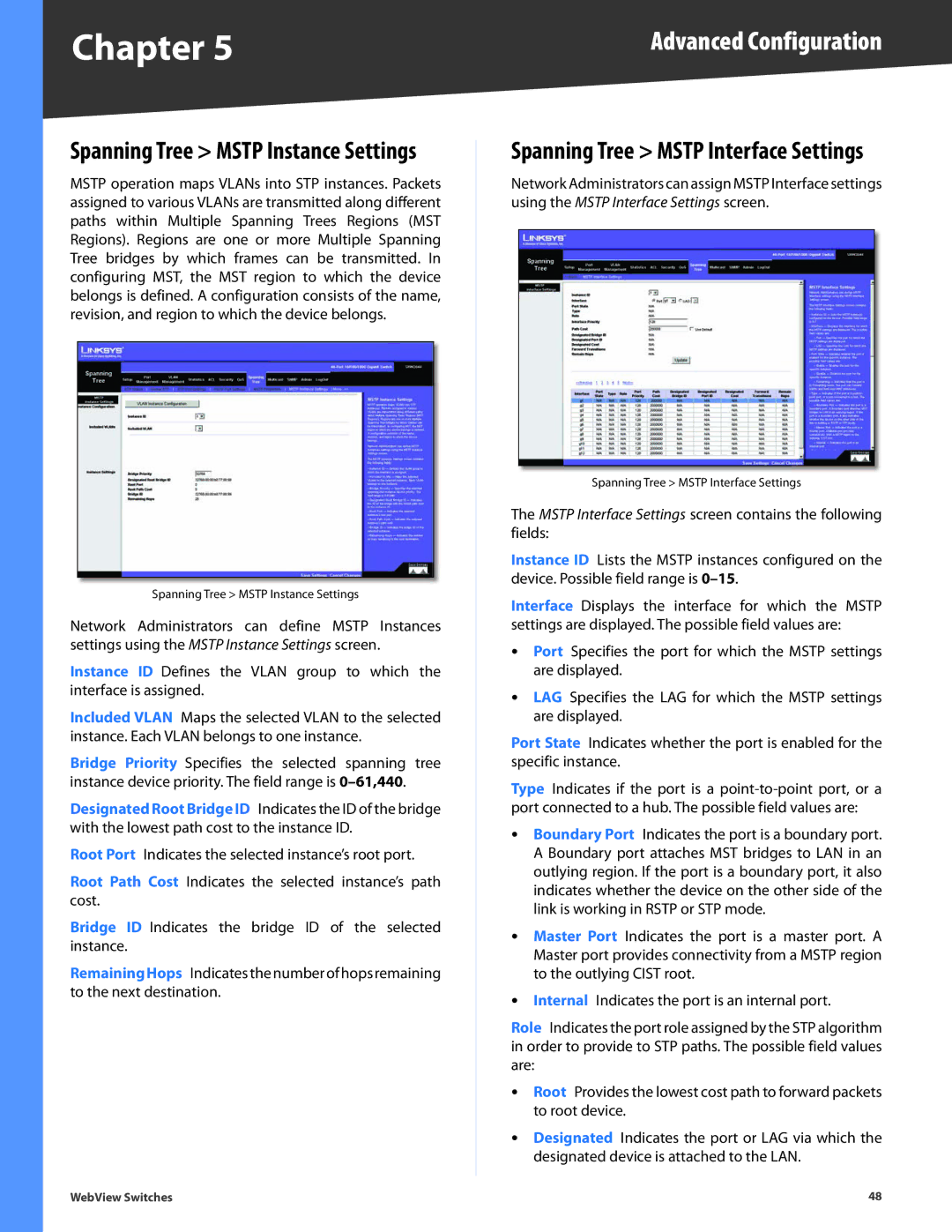 Linksys SRW248G4, SRW2048, SRW2024, SRW224G4, SRW2016 manual Spanning Tree Mstp Instance Settings 