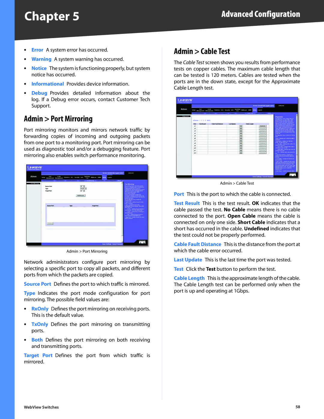 Linksys SRW248G4, SRW2048, SRW2024, SRW224G4, SRW2016 manual Admin Port Mirroring, Admin Cable Test 