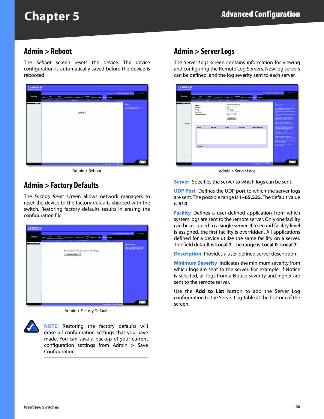 Linksys SRW2024, SRW248G4, SRW2048, SRW224G4, SRW2016 manual Admin Reboot, Admin Factory Defaults, Admin Server Logs 