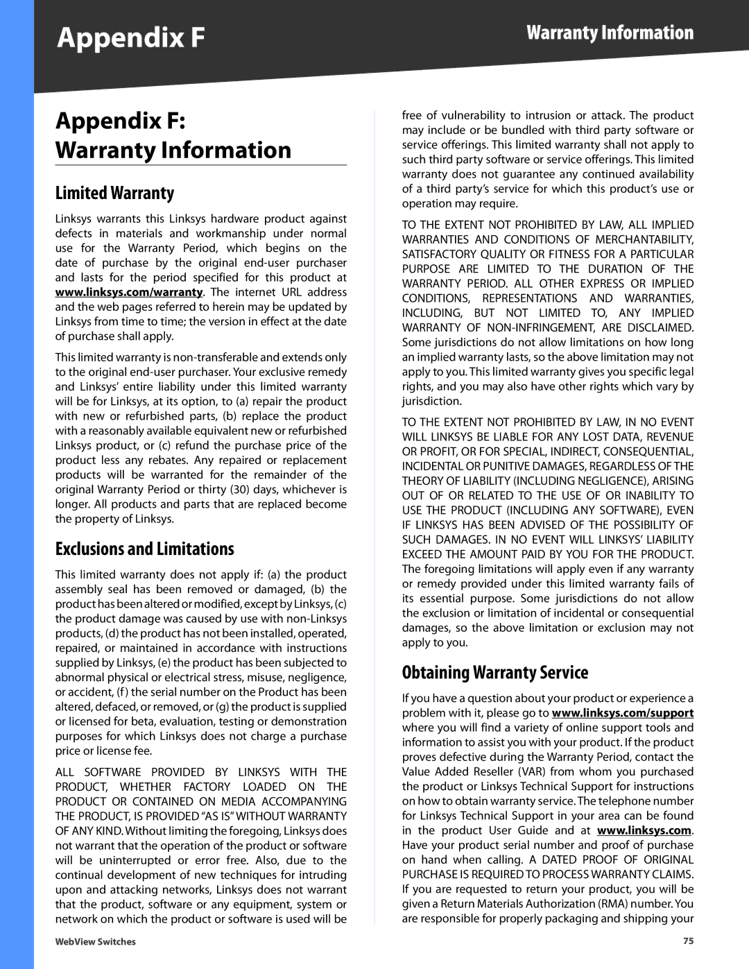 Linksys SRW2024 Appendix F, Warranty Information, Limited Warranty, Exclusions and Limitations, Obtaining Warranty Service 