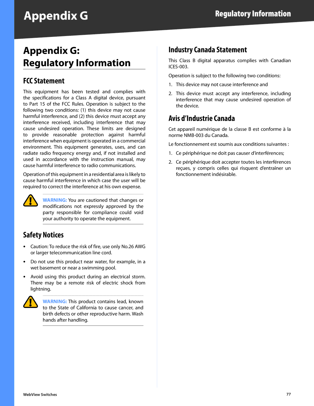 Linksys SRW2016, SRW248G4, SRW2048, SRW2024, SRW224G4 manual Appendix G, Regulatory Information 