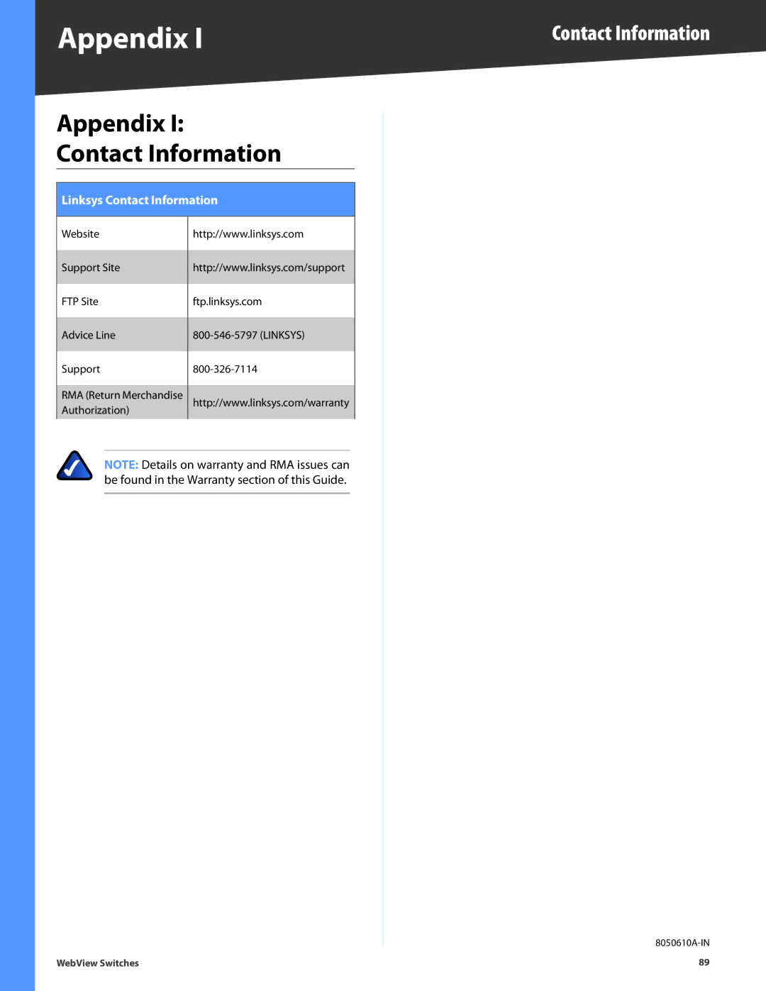 Linksys SRW2048, SRW248G4, SRW2024, SRW224G4, SRW2016 manual Appendix, Contact Information 