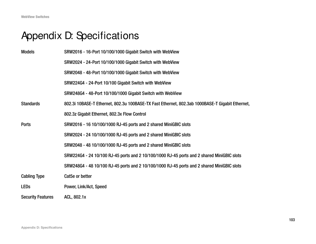 Linksys SRW2048, SRW248G4, SRW224G4, SRW2016 manual Appendix D Specifications, 802.3z Gigabit Ethernet, 802.3x Flow Control 