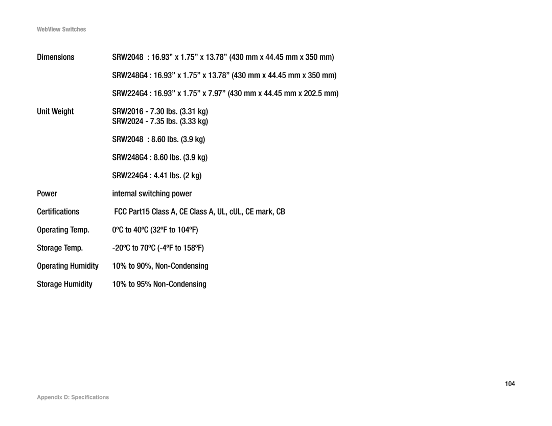 Linksys SRW224G4, SRW248G4, SRW2016 manual Dimensions, SRW2048 16.93 x 1.75 x 13.78 430 mm x 44.45 mm x 350 mm 