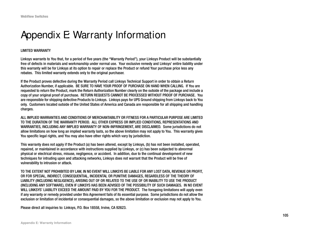 Linksys SRW2016, SRW248G4, SRW2048, SRW224G4 manual Appendix E Warranty Information, Limited Warranty 