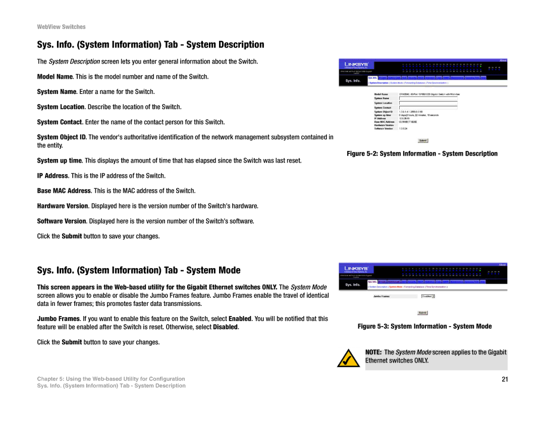 Linksys SRW2016 manual Sys. Info. System Information Tab System Description, Sys. Info. System Information Tab System Mode 