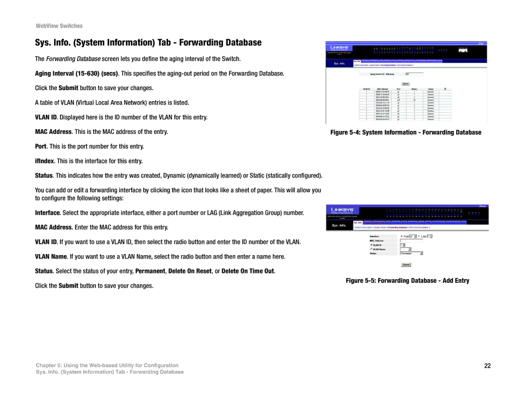 Linksys SRW248G4, SRW2048 Sys. Info. System Information Tab Forwarding Database, System Information Forwarding Database 