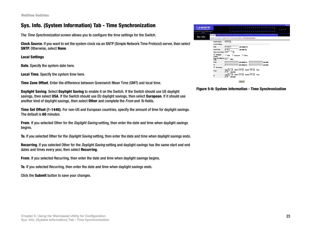 Linksys SRW2048, SRW248G4 Sys. Info. System Information Tab Time Synchronization, System Information Time Synchronization 