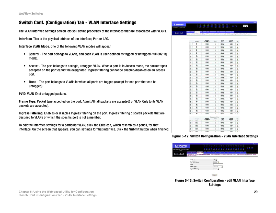 Linksys SRW2016 manual Switch Conf. Configuration Tab Vlan Interface Settings, Switch Configuration Vlan Interface Settings 