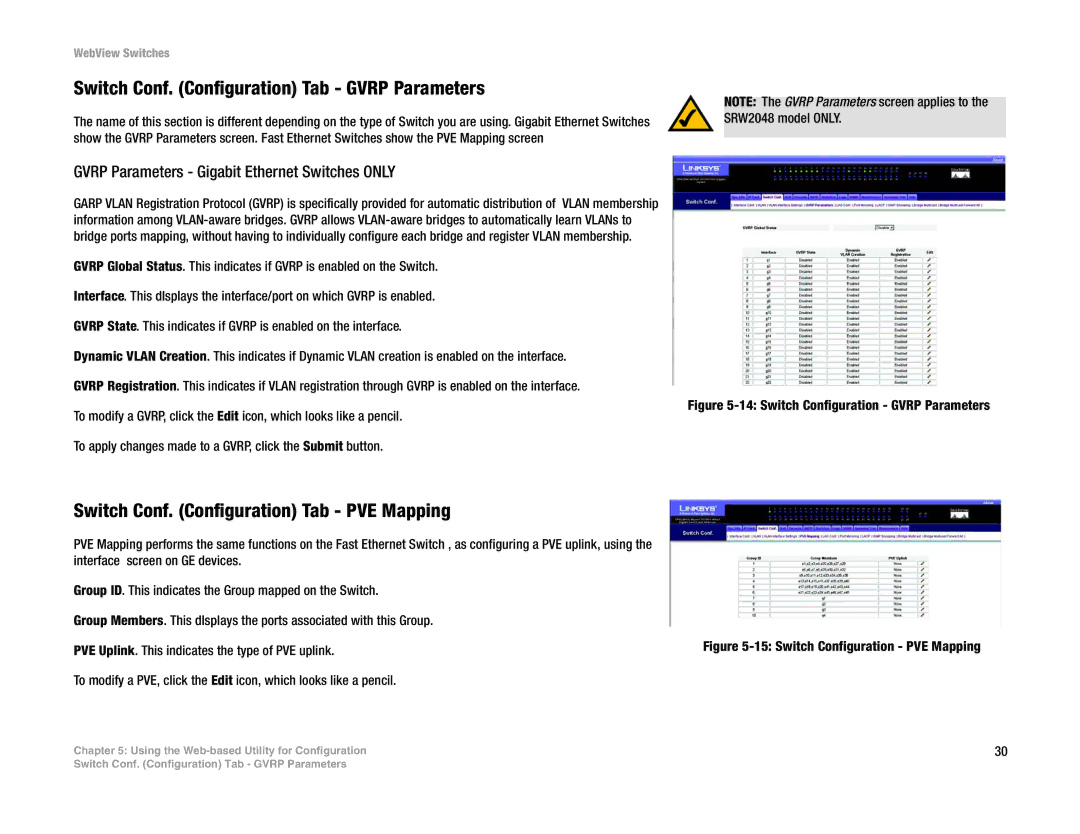 Linksys SRW248G4, SRW2048 manual Switch Conf. Configuration Tab Gvrp Parameters, Switch Conf. Configuration Tab PVE Mapping 