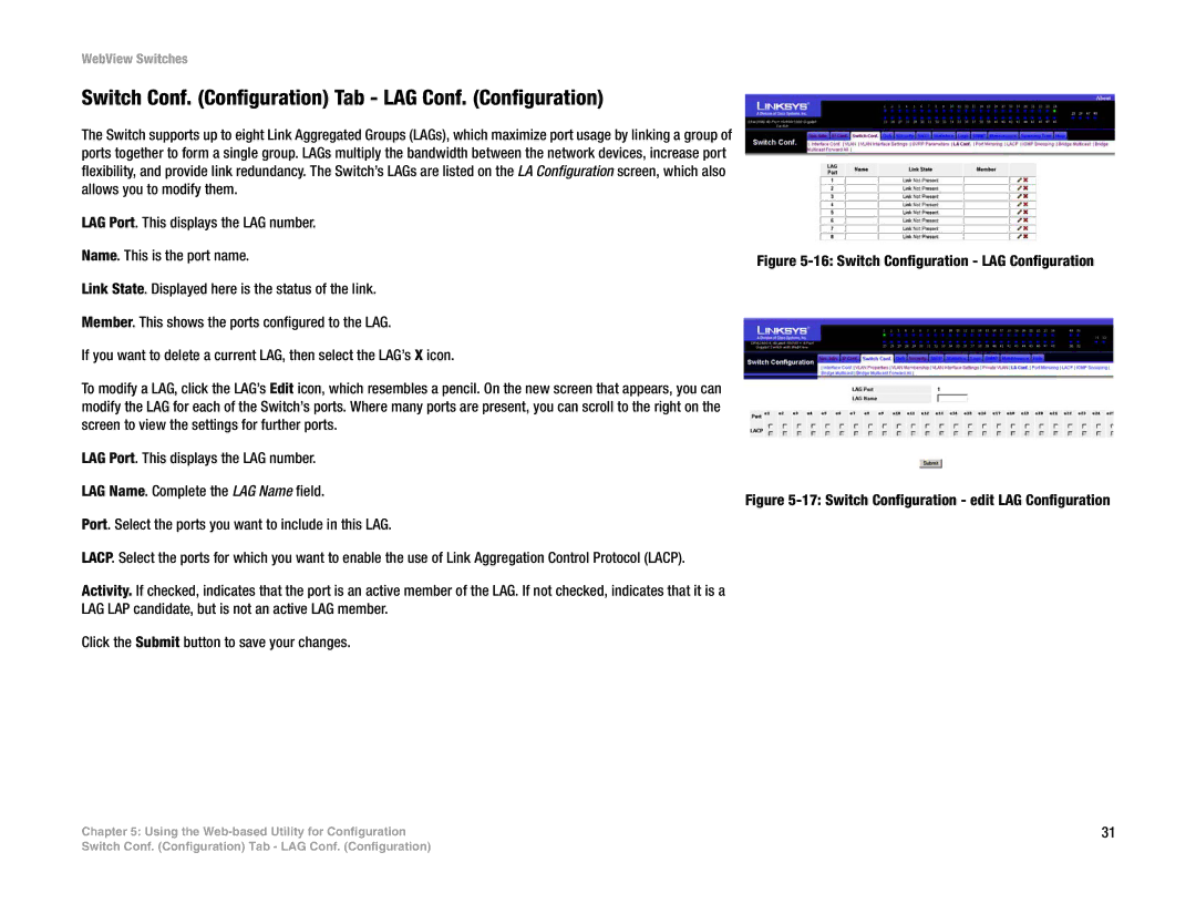 Linksys SRW2048, SRW248G4 Switch Conf. Configuration Tab LAG Conf. Configuration, Switch Configuration LAG Configuration 