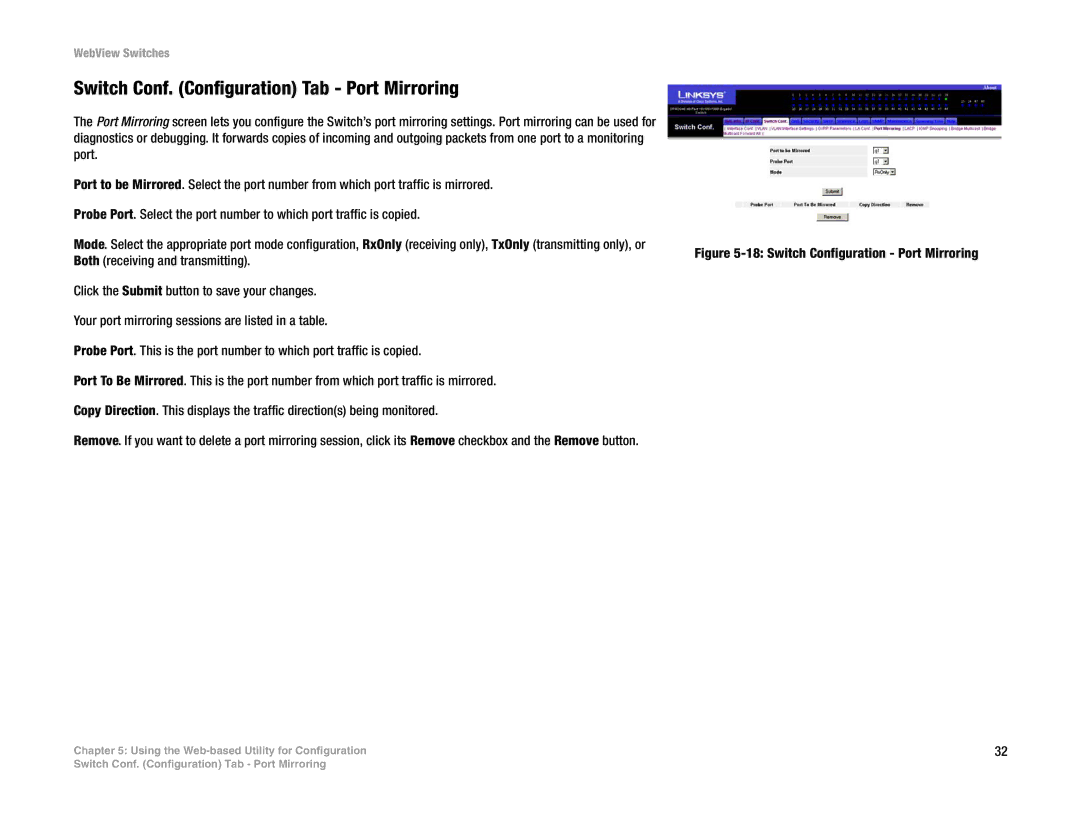 Linksys SRW224G4, SRW248G4, SRW2048 manual Switch Conf. Configuration Tab Port Mirroring, Switch Configuration Port Mirroring 