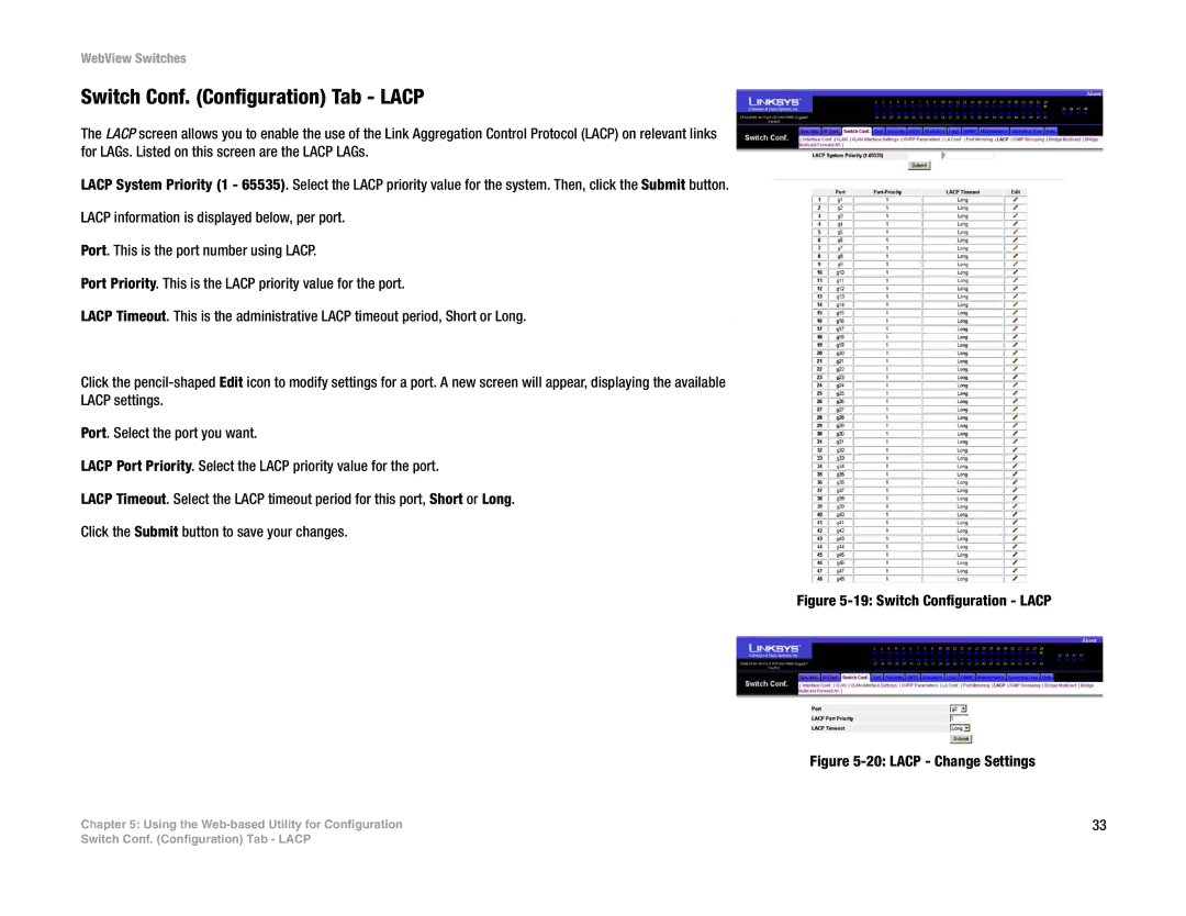 Linksys SRW2016, SRW248G4, SRW2048, SRW224G4 manual Switch Conf. Configuration Tab Lacp, Switch Configuration Lacp 